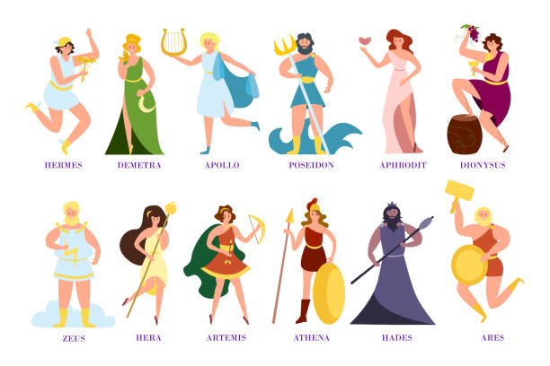 ilustraciones, imágenes clip art, dibujos animados e iconos de stock de antigua colección de ilustraciones de dibujos animados de dioses y diosas griegas - roman god