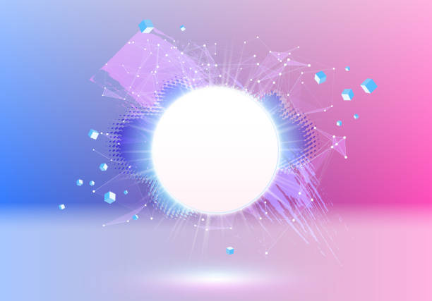 istock Abstract pink and blue vaporwave styled background with shiny neon frame, brush stroke, halftone blot and  triangular dotted grid. 1367367941