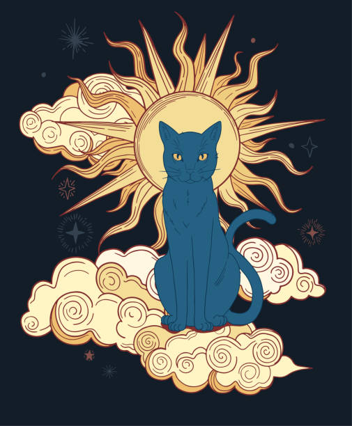 ilustraciones, imágenes clip art, dibujos animados e iconos de stock de gato místico con sol y nubes - tatuajes del sol