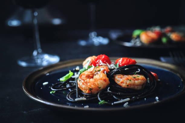 Spaghetti Nero Pasta with Shrimp Scampi and Cherry Tomato