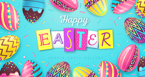 Holiday Easter background with colorful easter eggs and sweet decoration. Greeting card or poster. Vector illustration