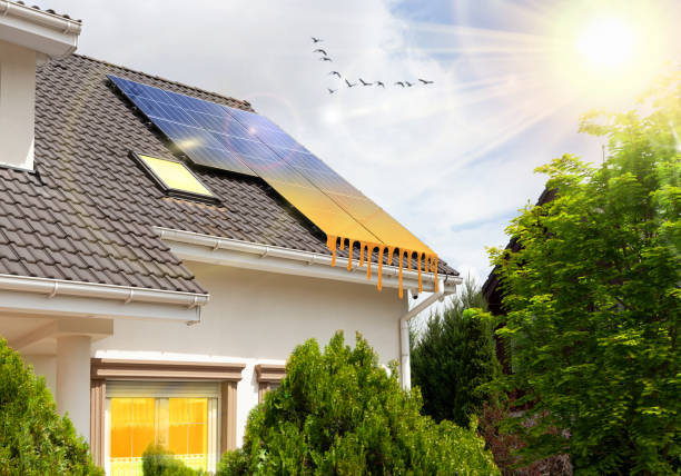 istock Modern house with solar panels and pool. 1367372621