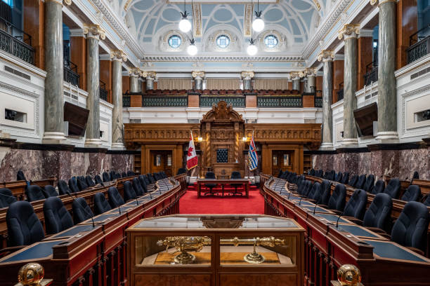 View of Parliament House inside and outside, home to legislative assembly of British Columbia, Canada