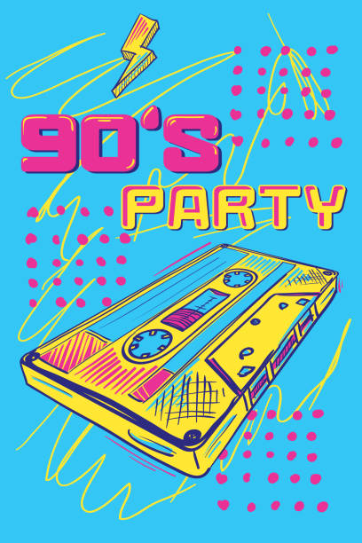 illustrazioni stock, clip art, cartoni animati e icone di tendenza di 90s disco party funky design musicale colorato con audiocassetta - old school rap