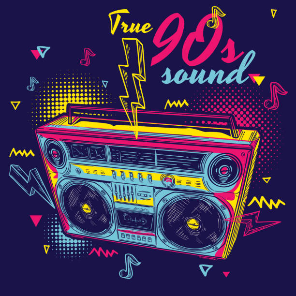 ilustrações de stock, clip art, desenhos animados e ícones de true 90s sound - funky colorful music boombox design - hip hop illustrations