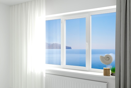 3d illustration. The open white modern plastic window in the room .