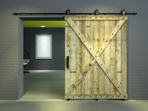 Barn Sliding Wooden Door in Loft Room 3d illustration. Modern interior in loft style barn sliding wooden door in loft room. Studio interior of old house garret stock pictures, royalty-free photos & images