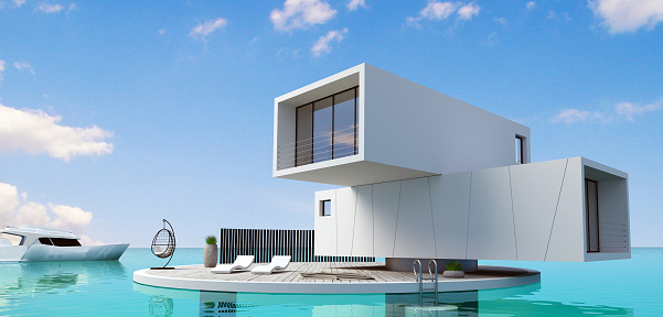 3d illustration. Modern houseboat villa on the high seas