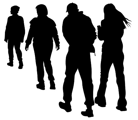 Vector silhouettes of a group of fellow travelers, go in the same direction, go away, back view. A man and a woman walk side by side, the girl looks at the phone. 2 people walk in front of each other.