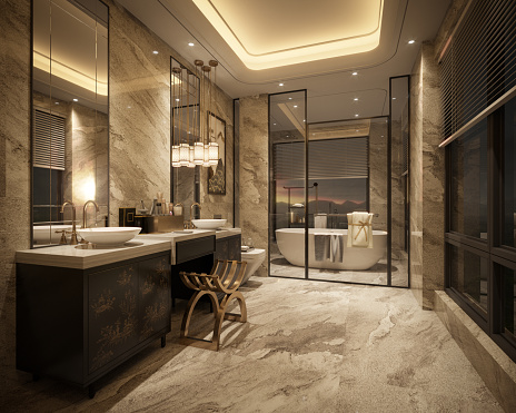 Digitally generated fancy and modern bathroom interior design.\n\nThe scene was rendered with photorealistic shaders and lighting in Corona Renderer 7 for Autodesk® 3ds Max 2022 with some post-production added.