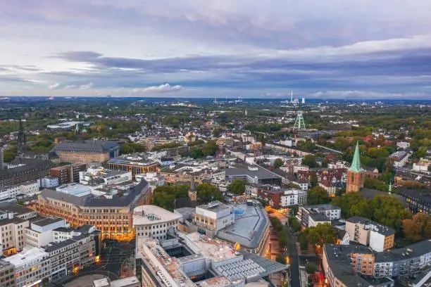 Aerial sunset cityscape of Bochum city, Germany