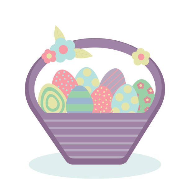 illustrazioni stock, clip art, cartoni animati e icone di tendenza di illustrazione vettoriale del cesto delle uova di pasqua. raccolta vettoriale di elementi pasquali per il design. buona pasqua. - easter traditional culture backgrounds basket