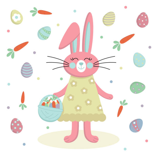 illustrazioni stock, clip art, cartoni animati e icone di tendenza di illustrazione vettoriale di pasqua. simpatico coniglietto pasquale e cestino delle uova di pasqua. collezione di elementi festivi per il tuo design. buona pasqua. - easter traditional culture backgrounds basket