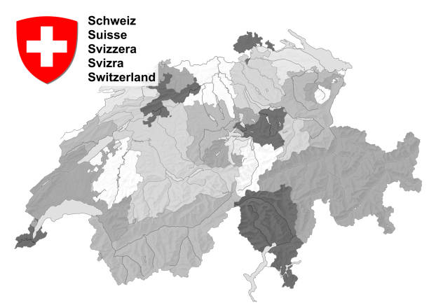 ilustrações de stock, clip art, desenhos animados e ícones de black and white map with swiss cantons and coat of arms of switzerland. - map switzerland swiss culture zurich