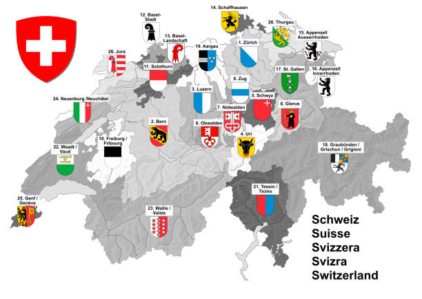 kształt mapy szwajcarii w czerni i bieli z granicą kantonów i kolorowym herbem. - thurgau stock illustrations