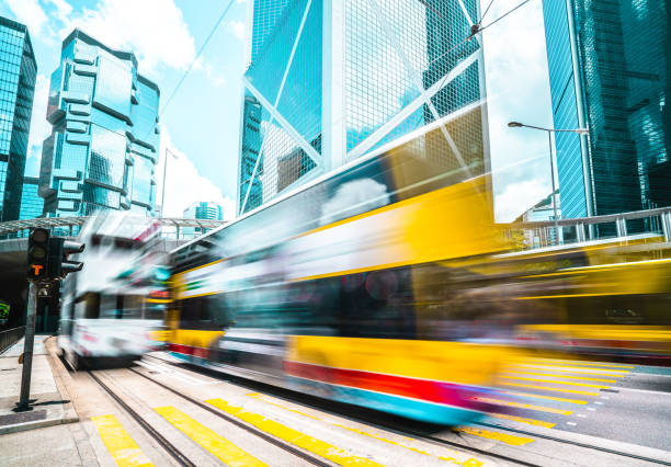 istock Dynamic city with trams on the road 1367384556