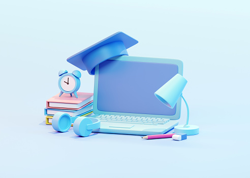 E-learning, online education at home. 3d illustration