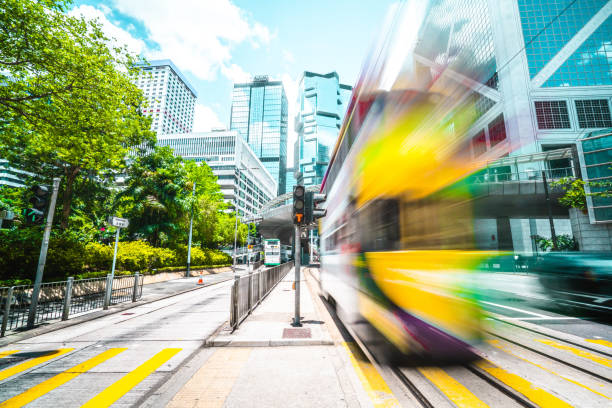 istock Dynamic city with trams on the road 1367385116