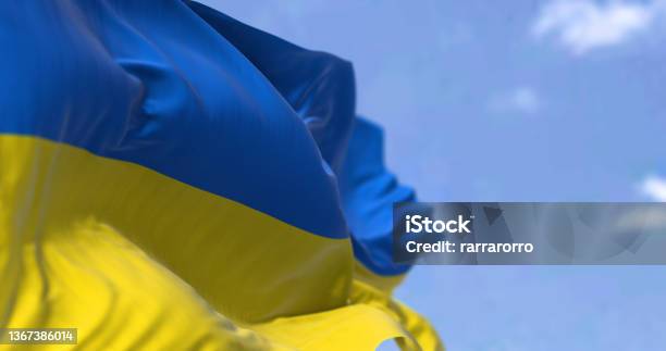 Detail Of The National Flag Of Ukraine Waving In The Wind On A Clear Day Stock Photo - Download Image Now