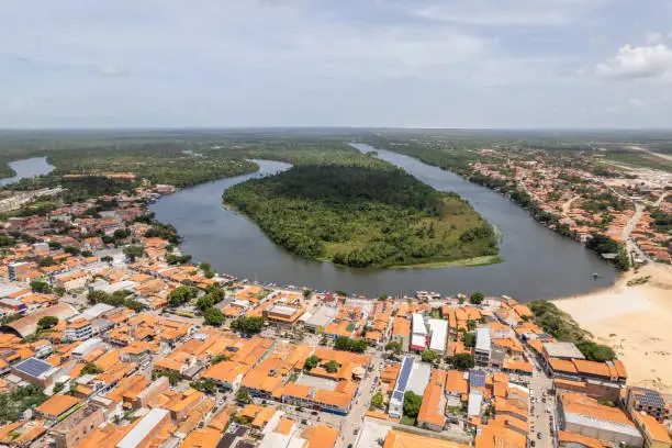 Photo of Preguica River seen from above near Barreirinhas, Lencois Maranhenses, Maranhao, Brazil.