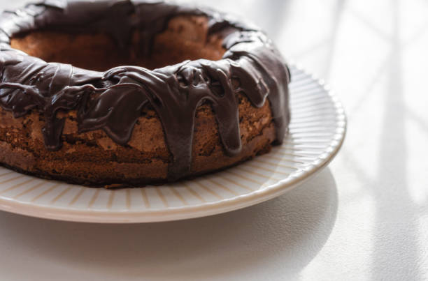 A whole chocolate bundt cake with fudge glaze.  Backlight from natural window light off camera.