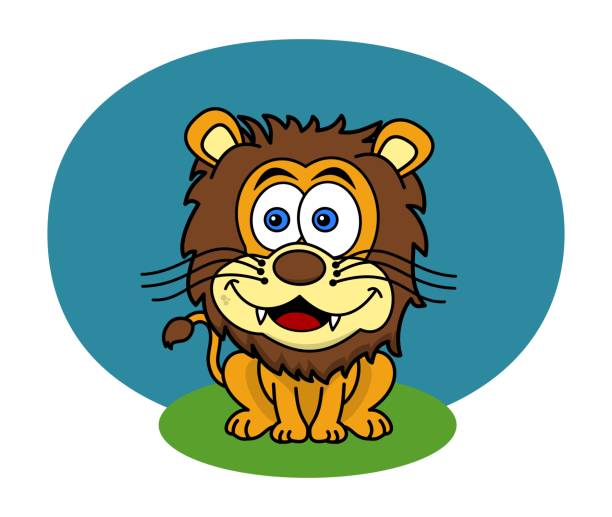 lew siedzący w parku zwierząt na trawie i krajobrazie z błękitnym niebem - wektor - brunatny miś stock illustrations
