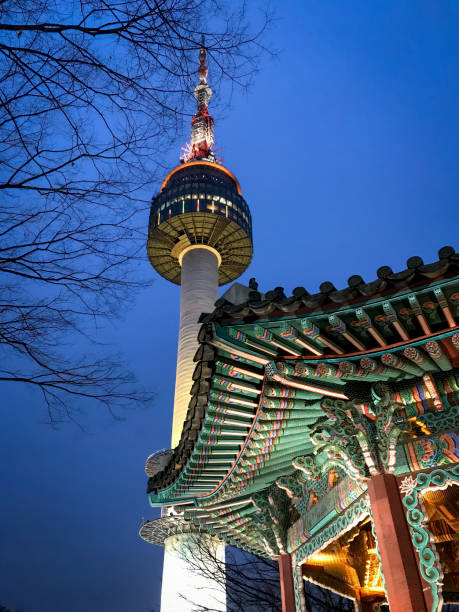 korean temple in front of n seoul tower at namsan mountain park - korean culture fotos imagens e fotografias de stock