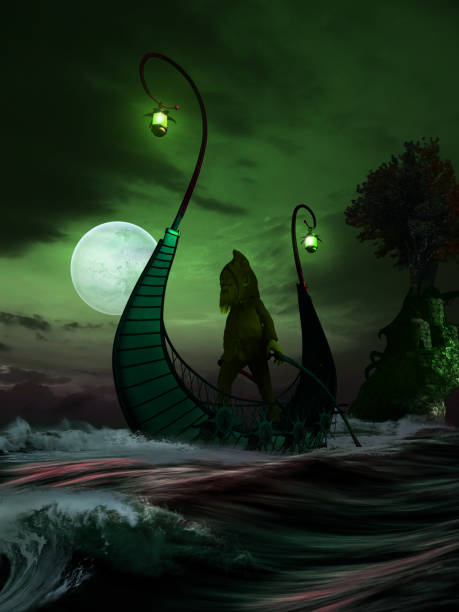 istock Fairytale boat sailing through the night 1367388308