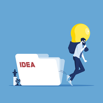 businessman stealing idea light bulb from private idea folder, metaphor of copyright infringement, concept of business Idea thief