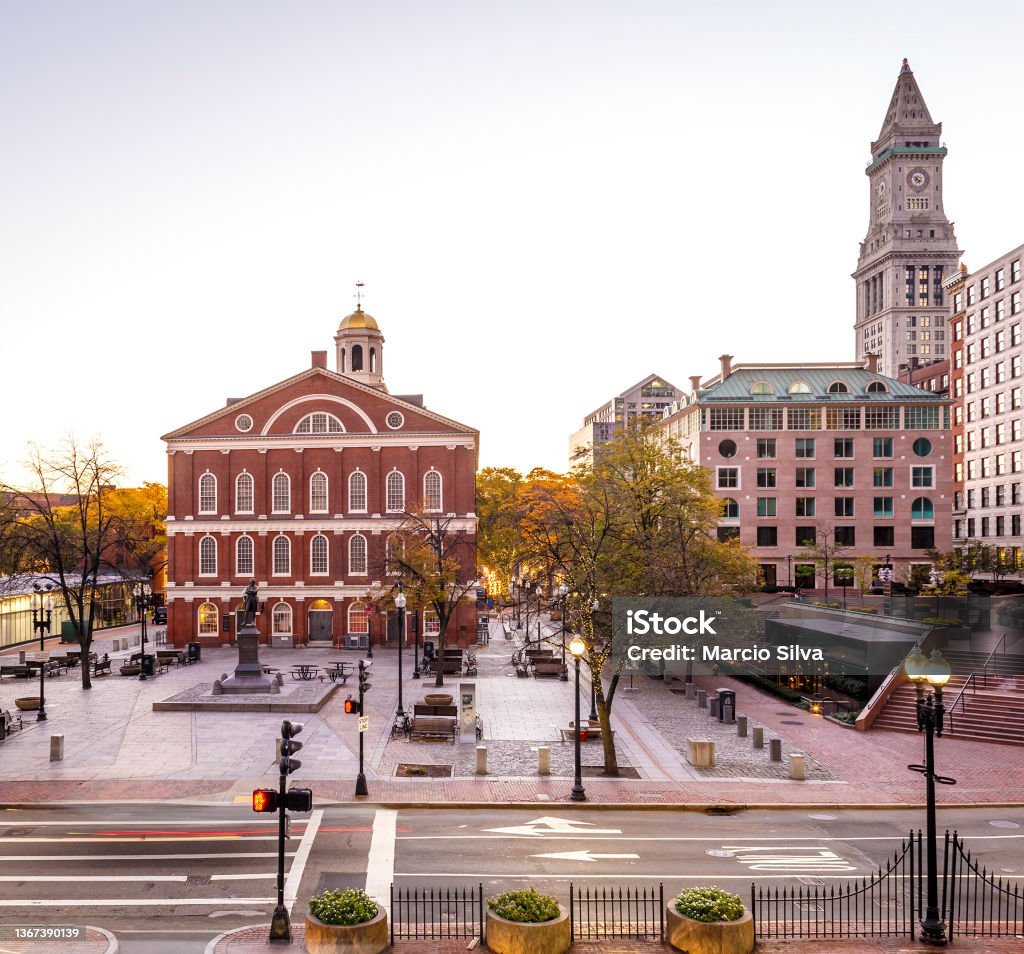 Boston View of Boston in Massachusetts, USA showcasing its mix of modern and historic architecture at Quincy Market and Faneuil Hall. Faneuil Hall Stock Photo