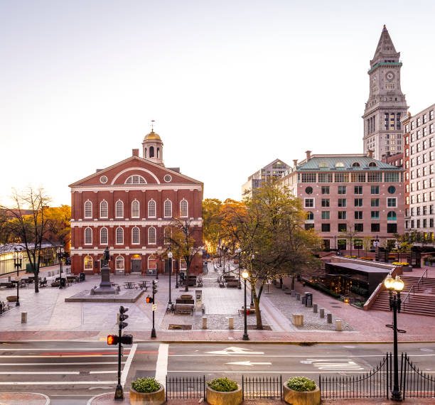 Boston View of Boston in Massachusetts, USA showcasing its mix of modern and historic architecture at Quincy Market and Faneuil Hall. north end boston photos stock pictures, royalty-free photos & images