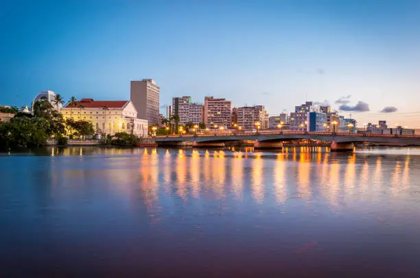 Panoramic view of Recife in Pernambuco, Brazil with its mix of contemporary and historic architecture.