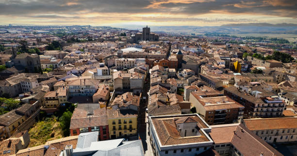 istock Drone point of view Avila cityscape rooftops. Spain 1367390534