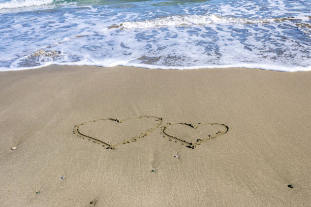 istock Two heart drawings on sea beach 1367392098