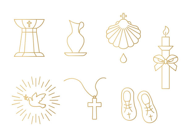 バプテスマ関連のアイコンの黄金のセット:フォント、ピッチャー、シェル、キャンドル、聖霊、十字架と赤ちゃんのブーティーとチェーン - symbol religion spirituality image点のイラスト素材／クリップアート素材／マンガ素材／アイコン素材
