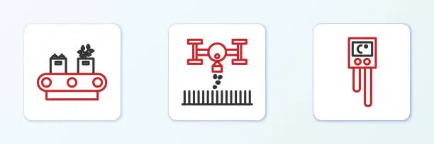 Vector illustration of Set line Temperature and humidity sensor, Conveyor belt with box and Smart farm drone icon. Vector