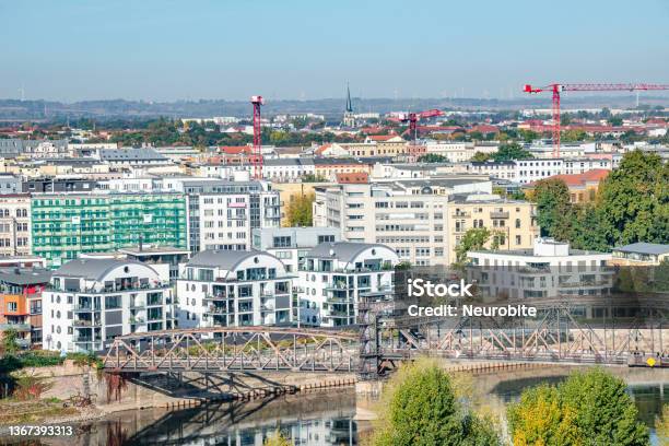 Bird View At Modern Living District At Elbe River Side In Magdeburg During Golden Autumn At Blue Sky And Sunny Day Magdeburg Germany Stock Photo - Download Image Now