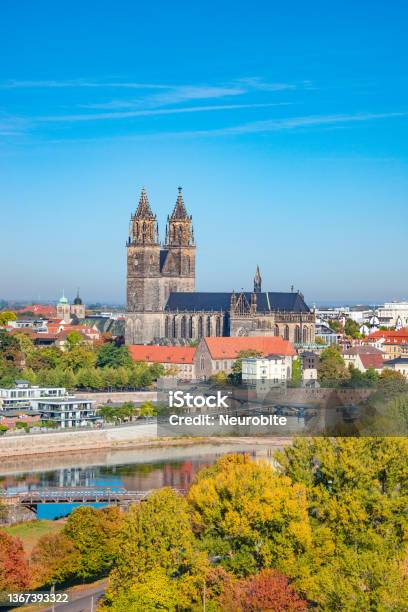 Bird View At Cathedral Of Magdeburg During Golden Autumn At Blue Sky And Sunny Day Magdeburg Germany Concept Of Historical Architecture Heritage Stock Photo - Download Image Now