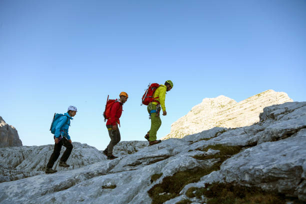 group of mountaineers walking on the edge - passion mountain range mountain national park imagens e fotografias de stock