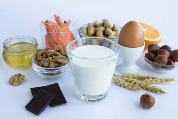 Close-up on food allergens on the white  background. Copy space.