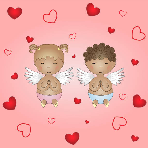 valentine card with little angels - cherry valentine 幅插畫檔、美工圖案、卡通及圖標