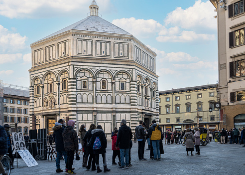 Florence, Italy. January 2022.  the baptistery in the piazza del duomo in the city center
