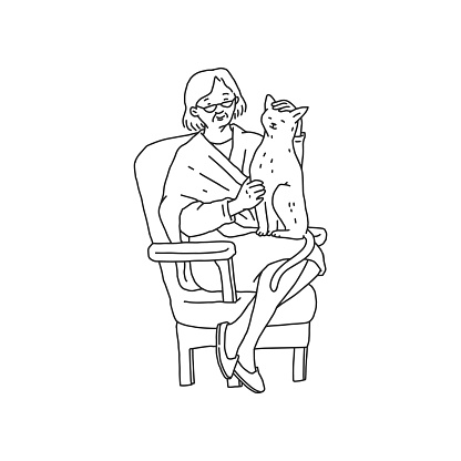 Elderly woman is sitting in a chair and stroking cat pet. Doodle black white contour line illustration