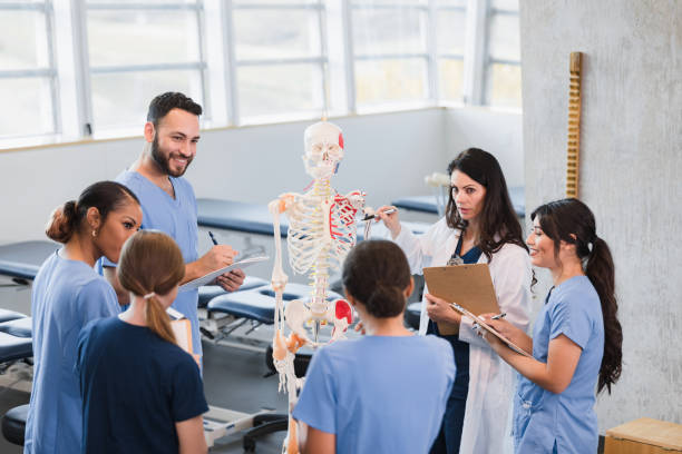 un groupe diversifié se tient autour du professeur pour une conférence sur le squelette humain - anatomy classroom human skeleton student photos et images de collection