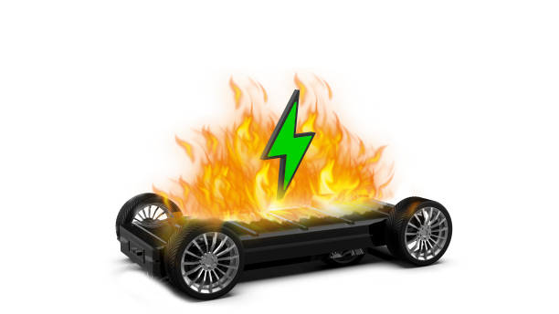 ev battery on fire - faulty imagens e fotografias de stock