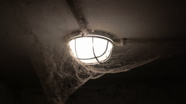 A creepy big spider web with dead flies and spiders hangs on a lamp in a gloomy, dark basement and sways in the wind from a draft. The concept of horror. Close-up. Without people. 4K.
