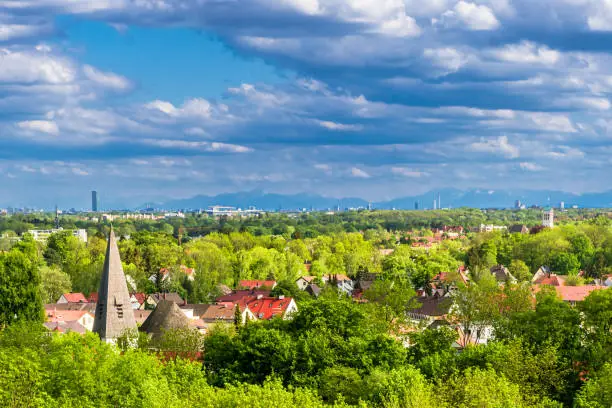 Panoramic view over city of Dachau and bavarian alps next to Munich - Germany. High quality photo