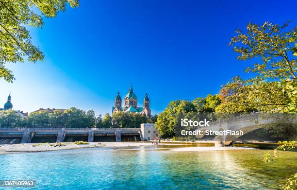 St Lukes Church Lukaskirche And Isar River In Summer Landscape Of Munich Bavaria Germany Stock Photo - Download Image Now