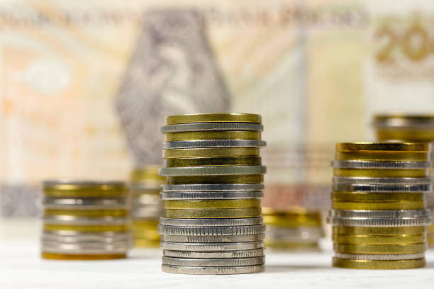 A group of Polish coins arranged next to each other against the background of banknotes, PLN currency, Polish zloty