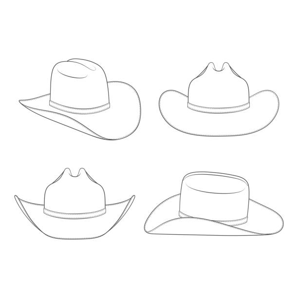 illustrations, cliparts, dessins animés et icônes de ensemble d’illustrations en noir et blanc avec chapeau de cow-boy. objets vectoriels isolés. - cowboy hat personal accessory equipment headdress